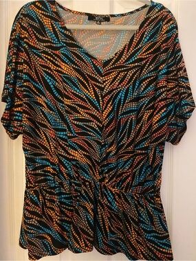 Signature V-Neck Peplum Top in Black, Blue & Orange